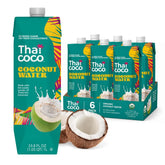 Thai Coco Coconut Water, 100% Pure & Unsweetened, No Sugar Added, USDA, Natural Electrolytes Hydration Drink, 33.8 fl oz Tetra Carton (Pack of 6)
