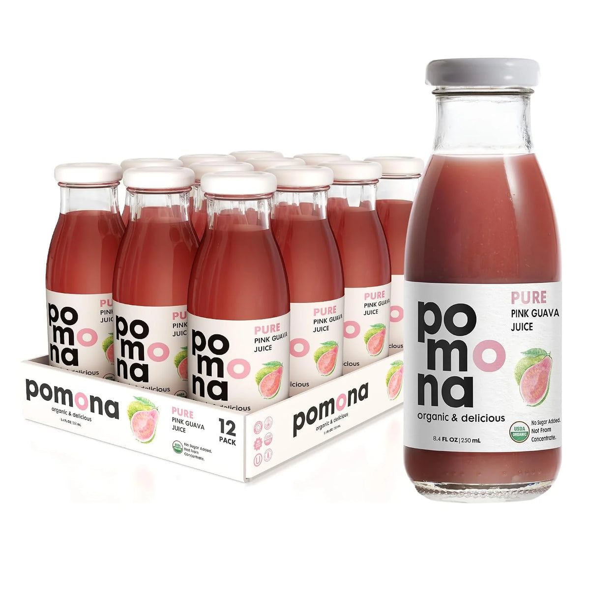Pomona Organic Juices Pure Pink Guava Juice, 8.4 Ounce Bottle (Pack of 12), Cold Pressed Organic Juice, Non-GMO, No Sugar Added, Not from Concentrate, Gluten Free, Kosher Certified, Preservative Free