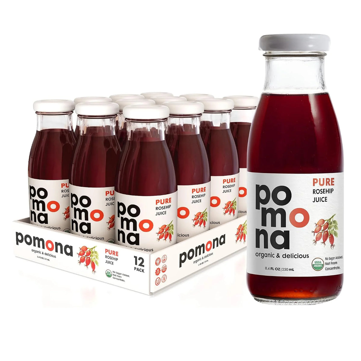 Pomona Organic Juices Pure Rosehip Juice, 8.4 Ounce Bottle (Pack of 12), Cold Pressed Organic Juice, Non-GMO, No Sugar Added, Not from Concentrate, Gluten Free, Kosher Certified, Preservative Free